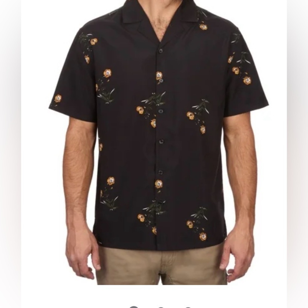 Men's Birch Black Camp Collar Printed and Patterned Button Down Shirt,